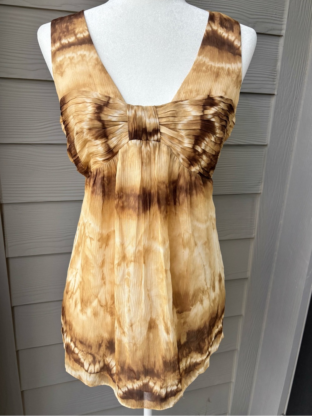 Anne Klein Boho Bow Tank Top Brown Cream Tie Dye Tunic Blouse Medium